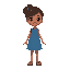 light brown girl, with a blue dress with a darker blue pattern (dress more to body), sandals and round face.