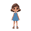 light brown girl, with a blue dress, sandals and round face.