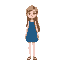 white girl, with long light brown hair with a blue dress with a darker blue pattern (dress more to body), sandals and round face.