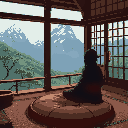 ninja sitting on a zafu cushion at a japanese teahouse that overlooks a mountainous valley