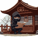 ninja sitting at a japanese teahouse reading a scroll