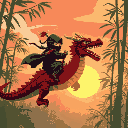 ninja riding a dragon flying through a bamboo background toward the setting sun