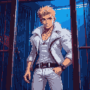 a blond man with brown eyes, thin white fur jacket, white fancy jeans, inside a cage, red and blue lighting