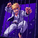 blond man with white jeans, white jacket, breaking free from a cage, purple lighting, dark setting, close up