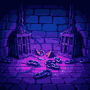 broken chains, shattered prison cages, on a brick floor, blue and purple lighting