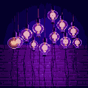 a picture of a bunch of light bulbs rising up, depicting the ideas in the human mind, dark blue background, in front of a brick wall, purple lighting