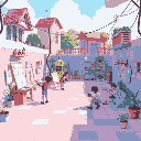 a playground with just pinkish-blue tiles where people are drawing, singing, playing, building and experimenting, portraying a world that is made just for people's dreams, 