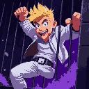 blond man with white jeans, white jacket, breaking free from a cage, purple lighting, dark setting, close up