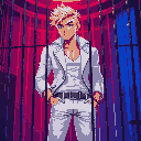 a young blond man with fancy white jacket and white jeans, inside a cage, red and blue lighting