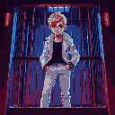 a blond teen with fancy white jacket and white jeans, inside a cage, red and blue lighting