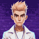 a blond man with a spiky hairstyle, brown eyes, white modern and fashionable clothes, portrait, serious expression, in front of a brick wall, purple and blue lighting