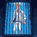 blond man with white jeans, white jacket, trapped inside a cage, blue lighting