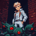 a blond man with brown eyes, white modern and fashionable clothes, standing over defeated green red-one-eyed creatures, dark setting, near a brick wall, red and blue lighting