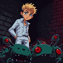 a blond man with brown eyes, white modern and fashionable clothes, standing over defeated green red-one-eyed creatures, dark setting, near a brick wall, red and blue lighting