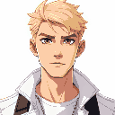 a portrait picture of a blond man with brown eyes, white modern and fashionable clothes, with a semi-serious expression