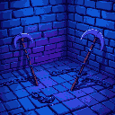 broken chains and pitchforks on a brick floor, blue and purple lighting