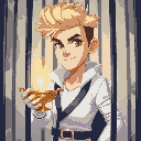 a blond man with a spiky hairstyle, brown eyes, white modern and fashionable clothes, inside a prison cage, holding a magic three wishes lamp