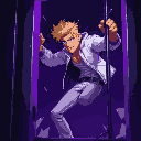 blond man with white jeans, white jacket, breaking free from a cage, purple lighting, dark setting, close up