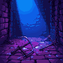 broken, chains, thrown pitchforks, on a brick floor, blue and purple lighting