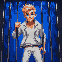 blond man with youthful face, white jeans, white jacket, trapped inside a cage, blue lighting