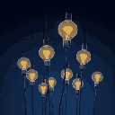 a picture of a bunch of light bulbs rising up, depicting the ideas in the human mind, dark blue background