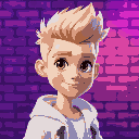 a blond man with a spiky hairstyle, brown eyes, white modern and fashionable clothes, portrait, smiling, in front of a brick wall, purple and blue lighting