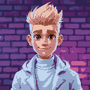 a blond man with a spiky hairstyle, brown eyes, white modern and fashionable clothes, portrait, smiling, in front of a brick wall, purple and blue lighting