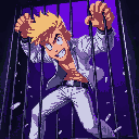 blond man with white jeans, white jacket, breaking free from a cage, purple lighting, dark setting, close up