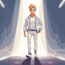 blond man with white jeans, white jacket, standing on a platform, walking into the light