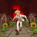 blond man with white jeans, white jacket, running from very short green red-one-eyed creatures that are holding villas, inside a maze, red lighting