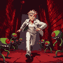 blond man with white jeans, white jacket, running from very short green red-one-eyed creatures that are holding villas, inside a maze, red lighting, brick walls, dark setting