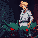 a blond man with brown eyes, white modern and fashionable clothes, standing over defeated green red-one-eyed creatures, dark setting, near a brick wall, red and blue lighting