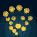 a picture of a bunch of light bulbs rising up, depicting the ideas in the human mind, dark blue background