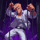 blond man with white jeans, white jacket, breaking free from a cage, purple lighting, dark setting, close up