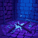 broken, chains, thrown pitchforks, on a brick floor, blue and purple lighting