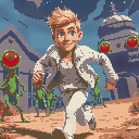 blond man with youthful face, white jeans, white jacket, running from very short green red-one-eyed aliens that are holding villas