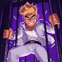 blond man with white jeans, white jacket, breaking free from a cage, purple lighting, dark setting, close up