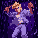 blond man with white jeans, white jacket, breaking free from a cage, purple lighting, dark setting, close up