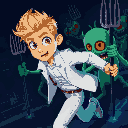 a blond man with brown eyes, white modern and fashionable clothes, running away from green red-one-eyed creatures holding pitchforks, dark setting, near a brick wall, blue lighting