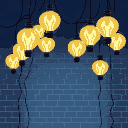 a picture of a bunch of light bulbs rising up to the sky, depicting the ideas in the human mind, dark blue background, in front of a brick wall