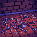 broken and shattered chains, thrown pitchforks, on a brick floor, blue and purple lighting
