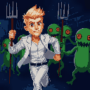 a blond man with brown eyes, white modern and fashionable clothes, running away from green red-one-eyed creatures holding pitchforks, dark setting, near a brick wall, blue lighting