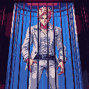 a blond guy with fancy white jacket and white jeans, trapped inside a cage, red and blue lighting