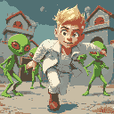 blond man with youthful face, white jeans, white jacket, running from very short green red-one-eyed aliens that are holding villas