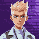 a blond man with a spiky hairstyle, brown eyes, white modern and fashionable clothes, portrait, serious expression, in front of a brick wall, purple and blue lighting