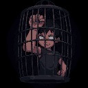 a person, whose only arm is visible, inside a cage, holding the cage, dark setting