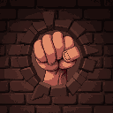a hand breaking through a brick wall, making a fist, dark setting