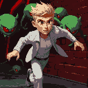 a blond man with brown eyes, white modern and fashionable clothes, running away from green red-one-eyed creatures, dark setting, near a brick wall, red lighting