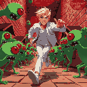 blond man with white jeans, white jacket, running from very short green red-one-eyed creatures that are holding villas, inside a maze, red lighting, brick walls