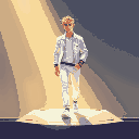 blond man with white jeans, white jacket, standing on a platform, walking into the light